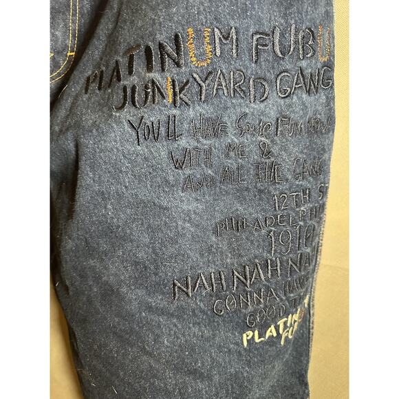 Platinum FUBU Shorts Mens W42 Blue Denim Embroidered Junkyard Gang Hip Hop Y2K - Picture 2 of 6